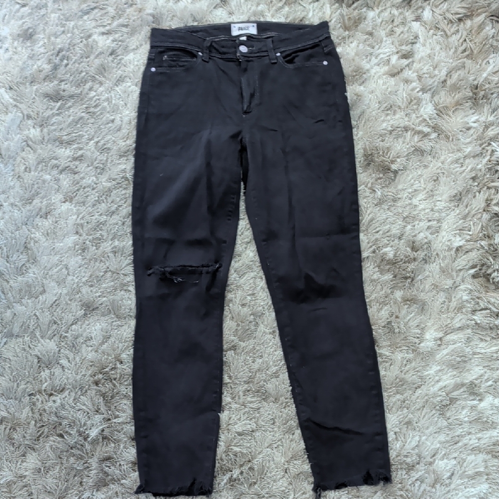 PAIGE Black Distressed Raw-Hem Skinny Jeans